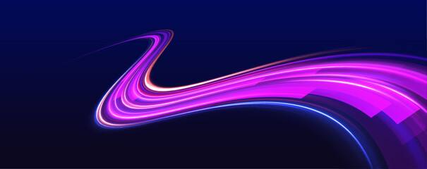 Poster - Neon stripes in the form of drill, turns and swirl. Car motion trails. Speed line motion vector background. Long exposure, light painting photography.