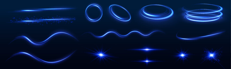 Aufkleber - Neon lines and fiery flashes, glowing spirals and trails, blending purple and blue hues, create powerful visual effects perfect for festive and dynamic designs with a sense of motion and energy.