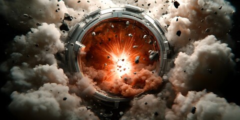 Poster - Dramatic scene of a high tech research outpost with gleaming chrome and titanium surfaces intense energy discharges billowing smoke and debris and a devastating implosion event
