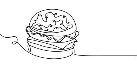 Poster - Single line drawing of burger. Fast food hamburger made of one continuous line, vector, Fast Food continuous line drawing with color shapes, burger with continuous one line drawing style. editable. 