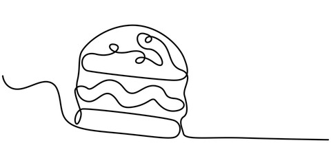 Poster - Single line drawing of burger. Fast food hamburger made of one continuous line, vector, Fast Food continuous line drawing with color shapes, burger with continuous one line drawing style. editable. 