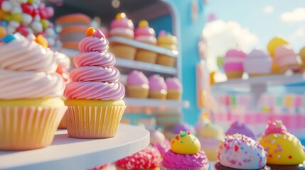 a colorful dessert truck featuring an array of gourmet cupcakes and pastries.