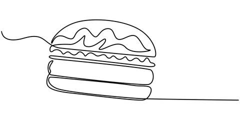 Poster - Single line drawing of burger. Fast food hamburger made of one continuous line, vector, Fast Food continuous line drawing with color shapes, burger with continuous one line drawing style. editable. 