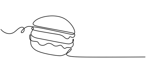 Poster - Single line drawing of burger. Fast food hamburger made of one continuous line, vector, Fast Food continuous line drawing with color shapes, burger with continuous one line drawing style. editable. 
