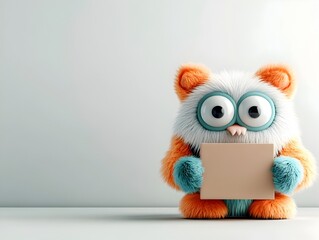 Poster - Whimsical 3D rendered anthropomorphic creature with expressive features firmly holding an unbranded rectangular cardboard package designed for children