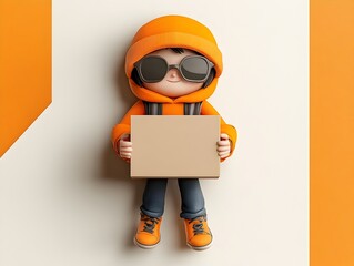 Poster - Whimsical and expressive 3D rendered animated character design of a youthful figure clutching a plain four sided cardboard box