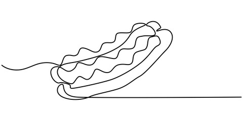 Poster - Hot dog continuous line drawing. Minimalist food and drink concept isolated on white, Continuous line art Hot Dog sausage full topped, ketchup,mayo melted for vector illustration colorful. Concept. 