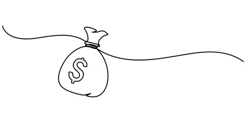 Poster - Continuous one line drawing of money bag. Money storage and investment single Line art. Saving, Investment and finance bank concept, A continuous line drawing of a money bag containing a dollar coin. 