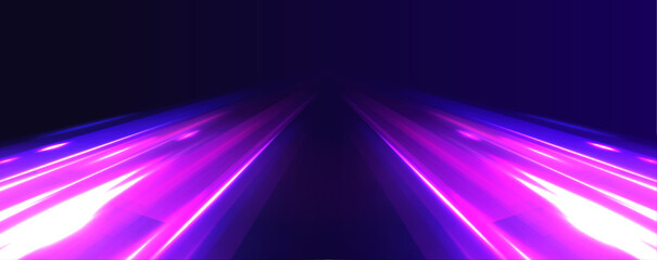 Poster - Blurry neon light motion on a speedway with laser beams, glowing red and blue lines, and sparkling dust particles creates a sense of movement and excitement, ideal for futuristic or tech-themed design