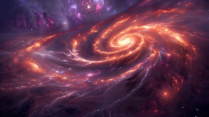 Wall Mural - Fiery galactic swirl with vibrant orange, yellow, and purple colors, dynamic cosmic patterns, representing space, astronomy, and the mysteries of the universe