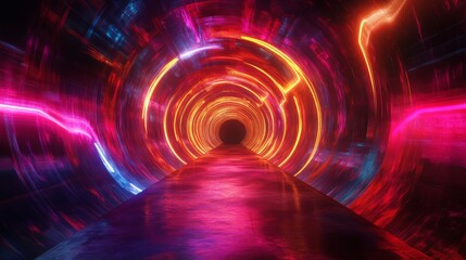 Canvas Print - An abstract modern tunnel design that features an array of vibrant neon lights along with a reflective surface, which together create a truly mesmerizing and captivating visual experience for viewers