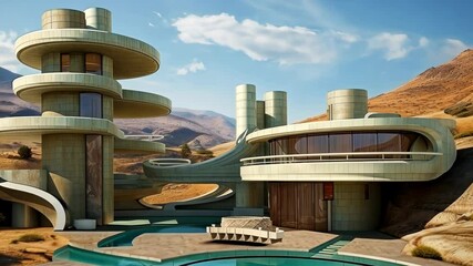Poster - Retro futuristic architecture in sci-fi scene on the desert planet. Alien landscape with nostalgic retro future constructions