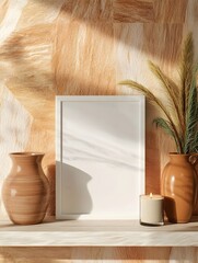 Canvas Print - A cozy corner in a modern apartment with a empty white frame leaning on a floating shelf, decorated with ceramic vases, potted plants, and a scented candle.