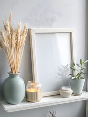 Canvas Print - A cozy corner in a modern apartment with a empty white frame leaning on a floating shelf, decorated with ceramic vases, potted plants, and a scented candle.