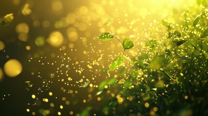 Poster - Golden Light Illuminates Lush Green Leaves and Sparkling Dust