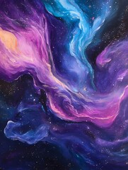Wall Mural - A cosmic background with swirling nebula patterns in vibrant purples, blues, and pinks, dotted with small stars