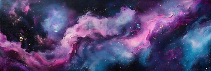 Wall Mural - A cosmic background with swirling nebula patterns in vibrant purples, blues, and pinks, dotted with small stars