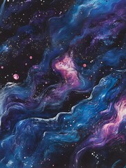Wall Mural - A cosmic background with swirling nebula patterns in vibrant purples, blues, and pinks, dotted with small stars