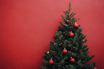 Poster - Red Christmas Tree Against A Red Wall