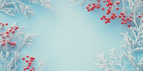 Poster - Snow Covered Branches Frame Red Berries Winter Background
