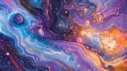 Wall Mural - A cosmic background with swirling nebula patterns in vibrant purples, blues, and pinks, dotted with small stars