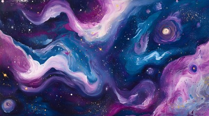 Wall Mural - A cosmic background with swirling nebula patterns in vibrant purples, blues, and pinks, dotted with small stars