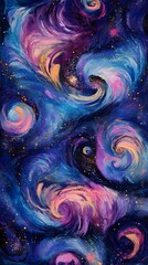 Wall Mural - A cosmic background with swirling nebula patterns in vibrant purples, blues, and pinks, dotted with small stars