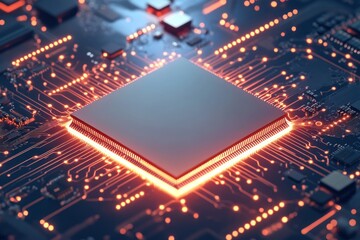 Fototapete - Illuminated Microchip On Circuit Board Technology