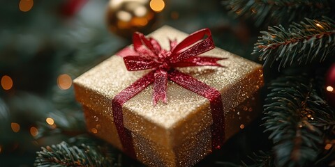Aufkleber - Gold Gift Box With Red Bow On Christmas Tree