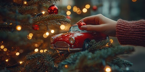 Aufkleber - Festive Hand Placing Classic Toy Car On Christmas Tree