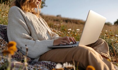 Wall Mural - Woman typing on laptop in a wildflower field