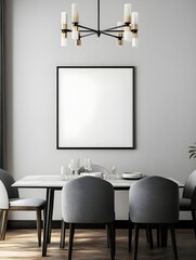 Wall Mural - A chic dining area with a blank white poster frame centered above a rectangular dining table, styled with a modern chandelier.