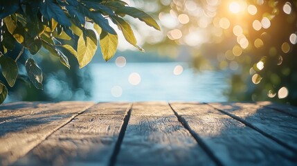 Poster - Wooden Table Overlooks Tranquil Lake and Lush Greenery