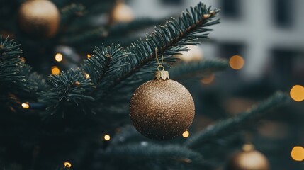 Poster - Glittering Gold Ornament Adorns Christmas Tree Branch