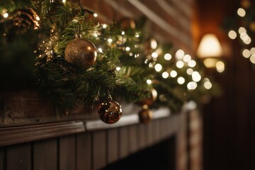 Poster - Festive Christmas garland adorns a rustic fireplace mantel