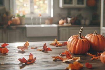 Poster - Autumn Kitchen Scene With Pumpkins And Leaves