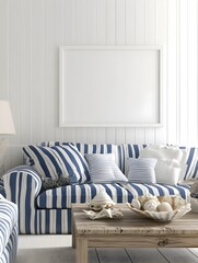 Canvas Print - A bright coastal-style living room with a white blank frame above a blue-and-white striped sofa, styled with seashells and a driftwood coffee table