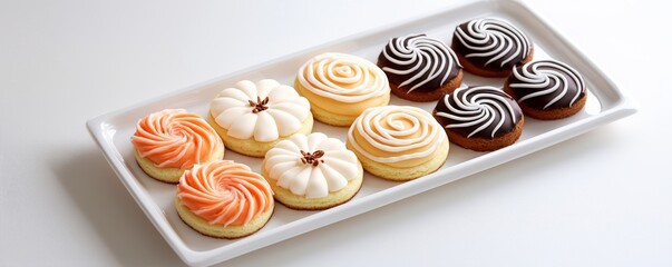 Wall Mural - A plate of colorful spiral-frosted pastries, featuring swirls of cream on fluffy bases, ideal for dessert lovers and special occasions.