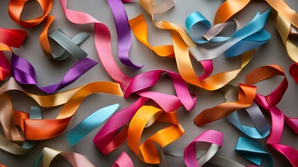 Poster - A vibrant and colorful abstract background featuring a variety of ribbons in different colors and textures.