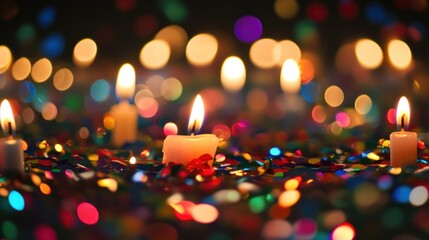 Poster - Lit Candles Amidst Colorful Confetti And Lights