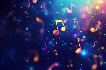 Aufkleber - Colorful musical notes floating through a vibrant background of lights and sparkles in a lively atmosphere