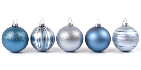 Wall Mural - Five Blue and Silver Christmas Ornaments in a Row