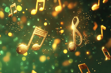 Poster - Shimmering golden musical notes floating amid a vibrant green background