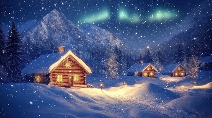 Poster - Snowy Mountain Cabin Village Illuminated Under Aurora Borealis