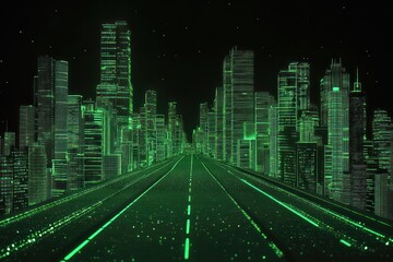 Poster - Green Neon Cityscape Road at Night