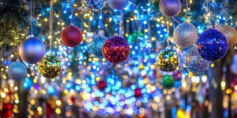 Wall Mural - Colorful Christmas Ornaments Hanging On A Tree With Lights