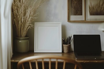 Canvas Print - A blank white frame resting on a shelf, with part of a desk, laptop, and chair in the foreground creating a natural workspace scene.