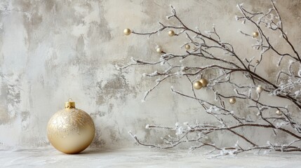 Wall Mural - Golden Ornament and Frosty Branches Winter Scene