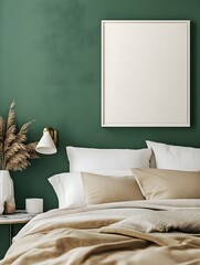 Canvas Print - A blank white frame mounted on a bold green wall, with soft neutral bedding and modern bedside decor