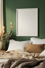 Canvas Print - A blank white frame mounted on a bold green wall, with soft neutral bedding and modern bedside decor